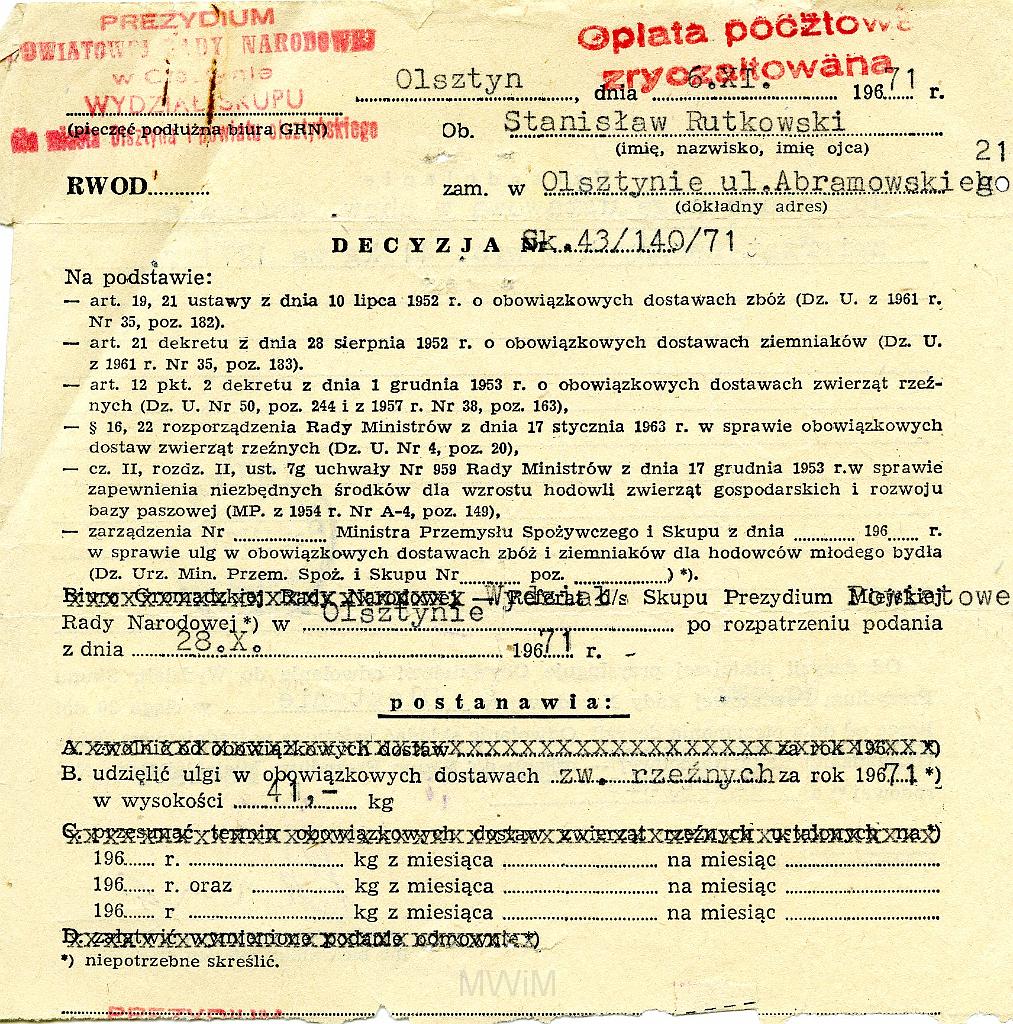 KKE 3552.jpg - Dokument . Stanisław Rutkowski dezyzja o przyznaniu ulg, Olsztyn, 1971 r.